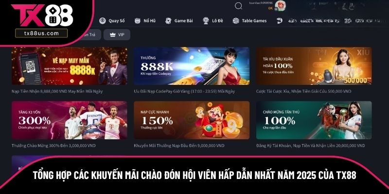 Tổng hợp các khuyến mãi chào đón hội viên hấp dẫn nhất năm 2025 của TX88 Tổng hợp các khuyến mãi chào đón hội viên hấp dẫn nhất năm 2025 của TX88